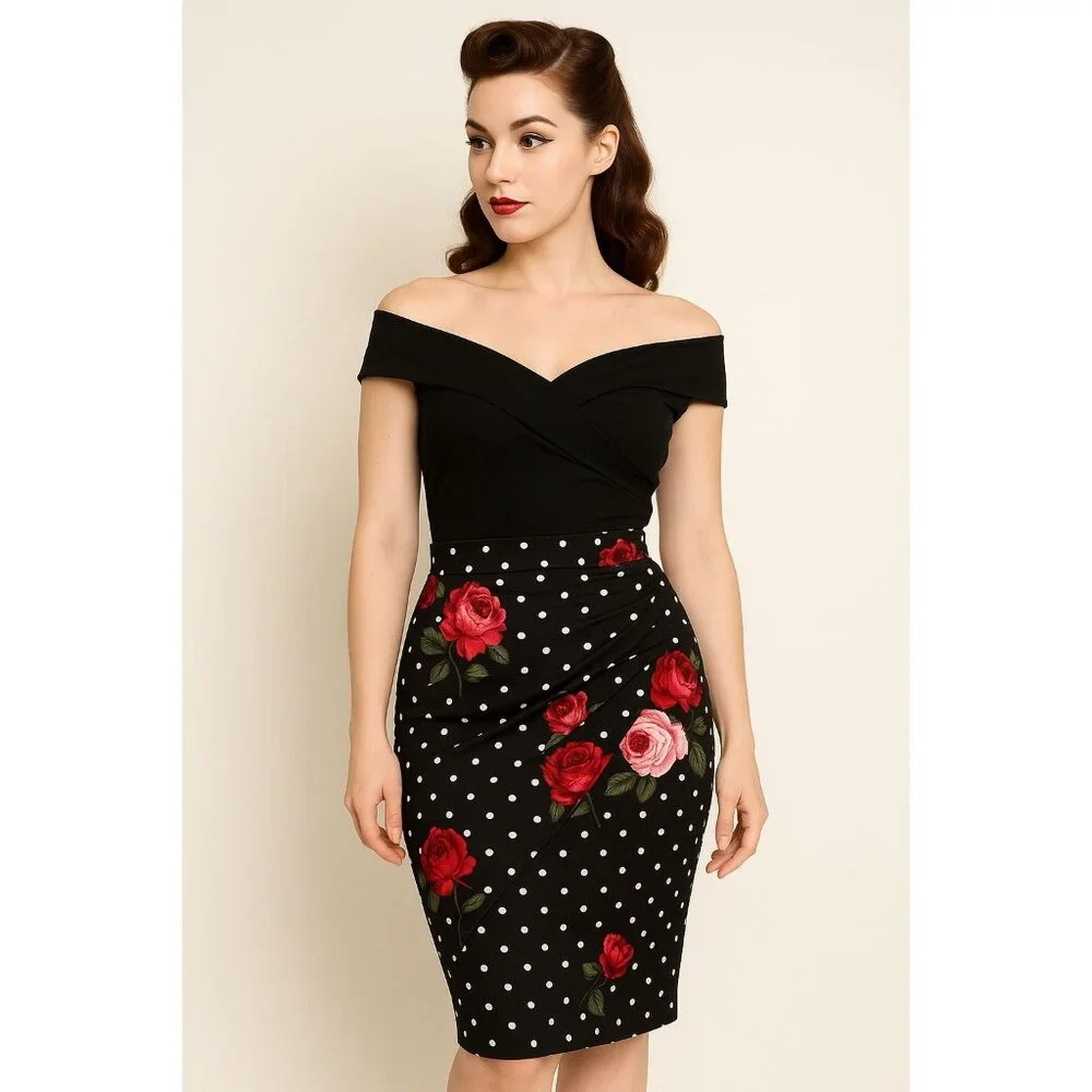 ABN Floral Pencil Skirt M Black White Dot High Waist Stretchy Retro Made USA - Picture 11 of 11